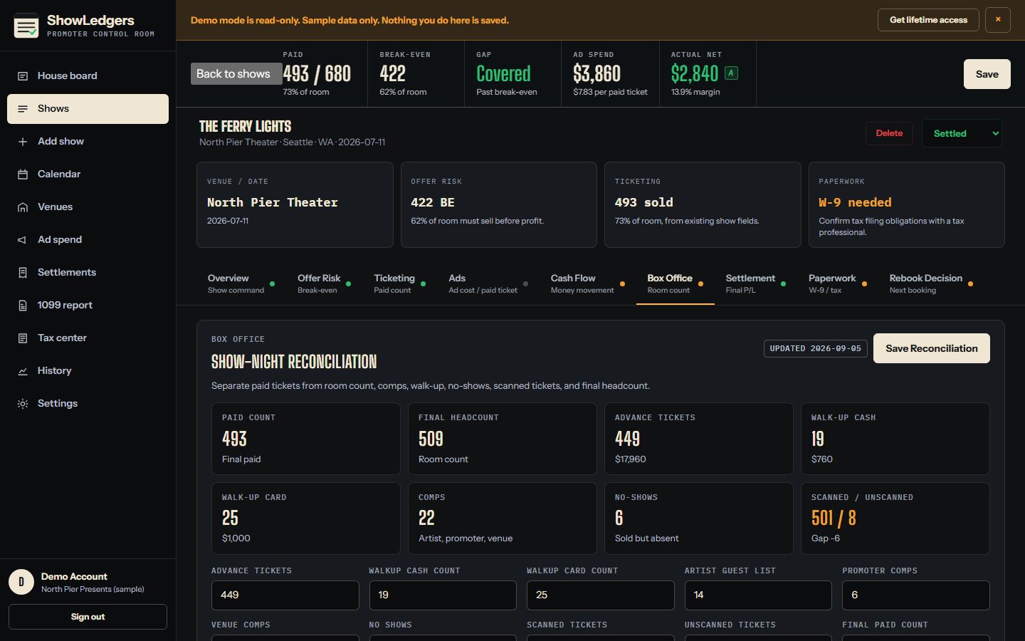 Box office reconciliation with paid count, headcount, walk-up cash and card, comps, no-shows, scanned and unscanned