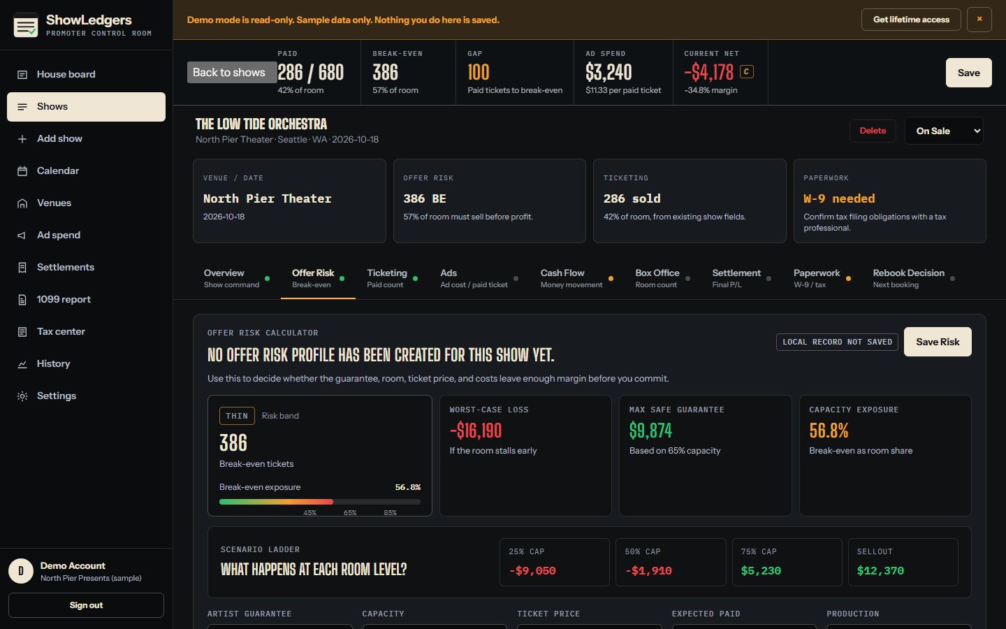 Offer risk screen with break-even, scenario ladder, worst case, max safe guarantee, and the assumption fields
