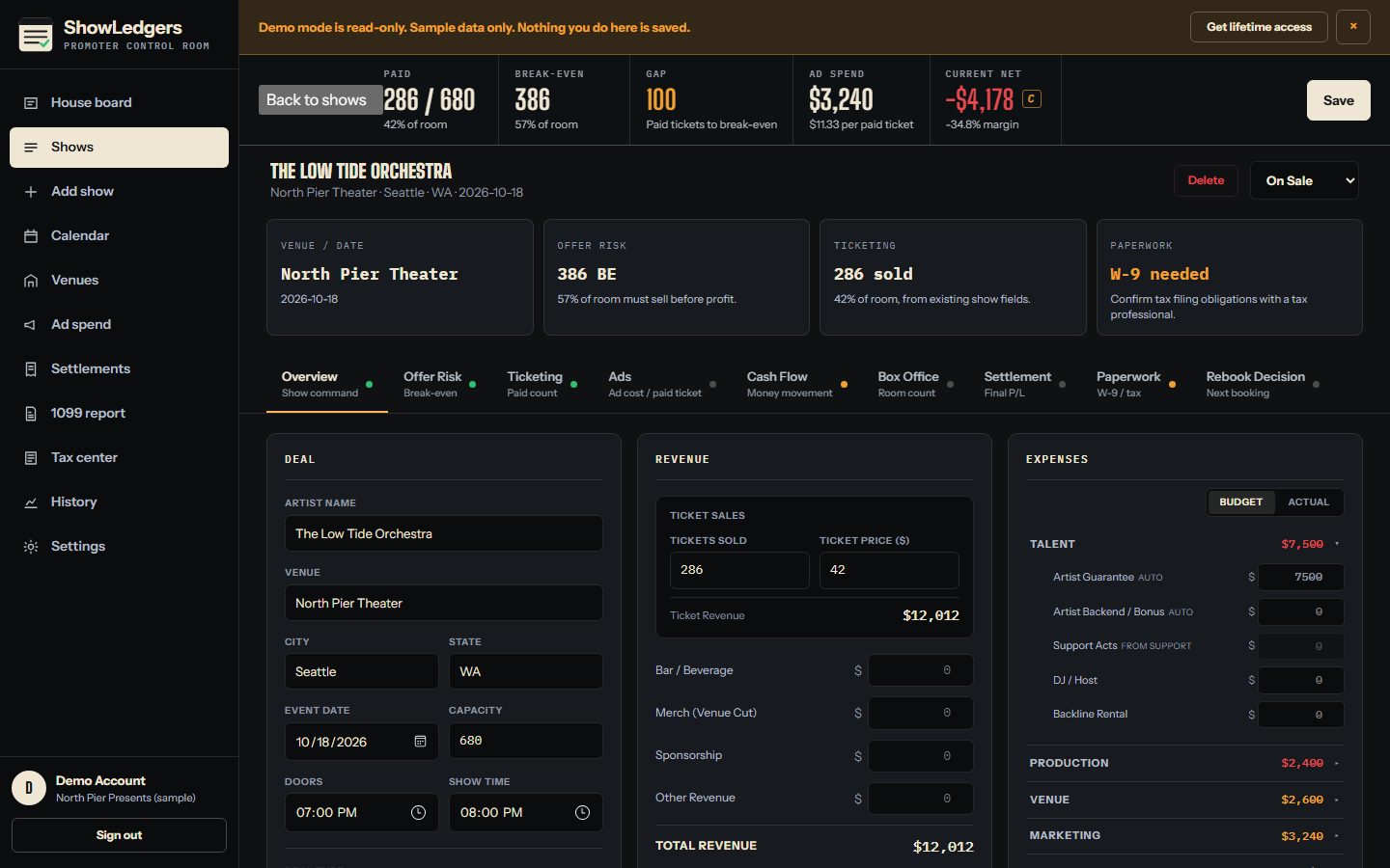 ShowLedgers show detail with the per-show house board strip, ticket tiers, comps, and the sales velocity chart