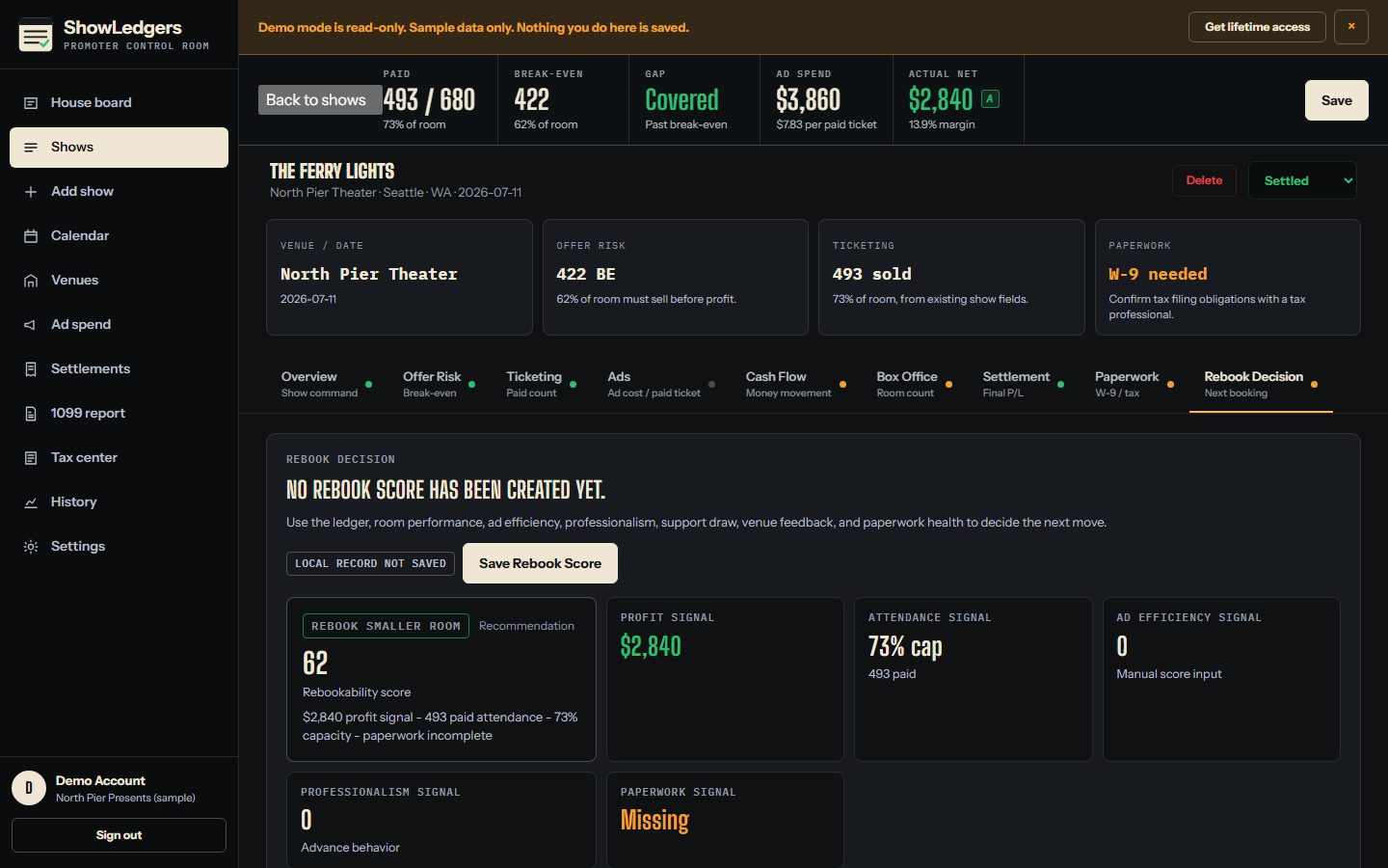 Rebook decision tab with the score, recommendation, profit and attendance signals, and the judgment fields