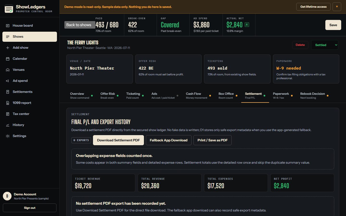 Settlement tab with ticket revenue, total revenue, total expenses, net profit, and the settlement PDF download